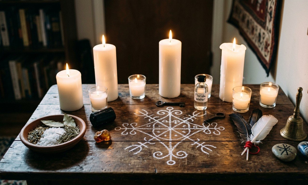 Vodou protection altar with veve symbols, white candles, and sacred objects